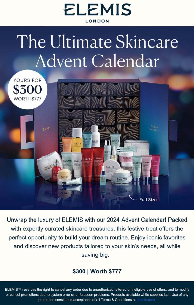 $777 advent calendar with 25 full size products for $300 at ELEMIS