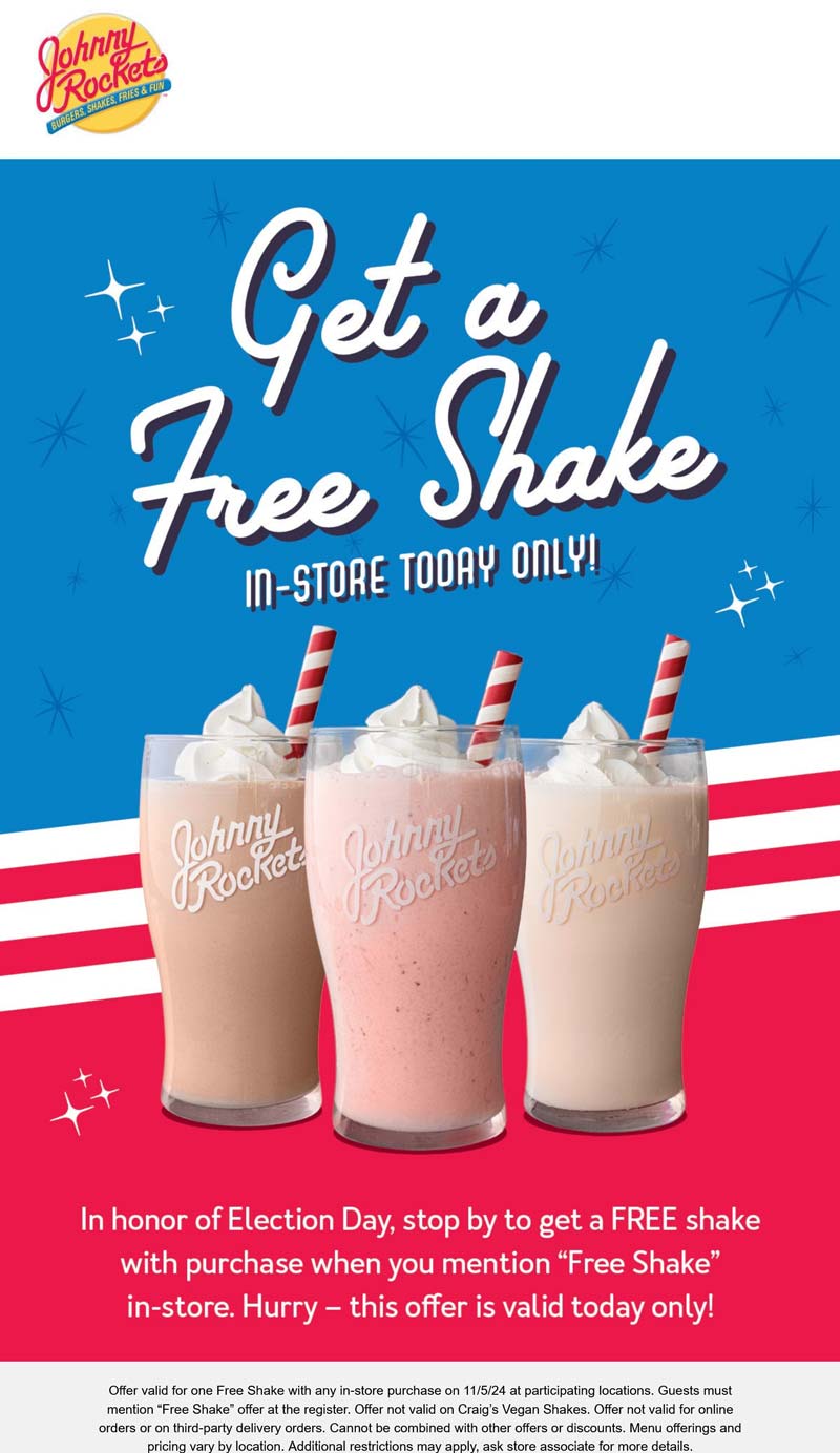 Free milkshake today at Johnny Rockets restaurants #johnnyrockets