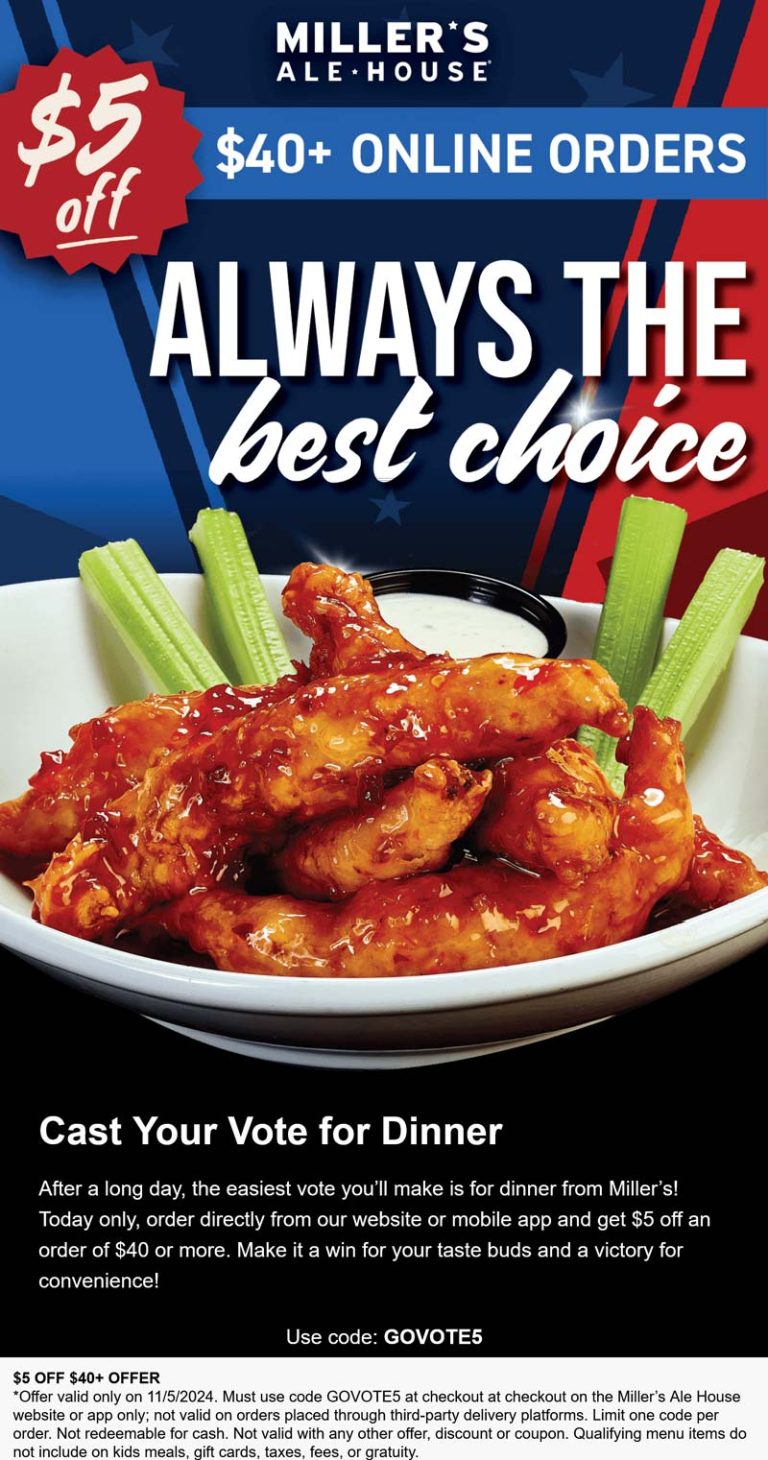$5 off $40 online today at Millers Ale House restaurants via promo code GOVOTE5