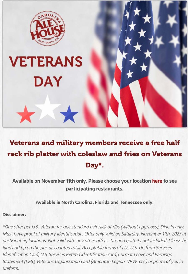 Free rib platter for veterans and military Monday at Carolina Ale House restaurants