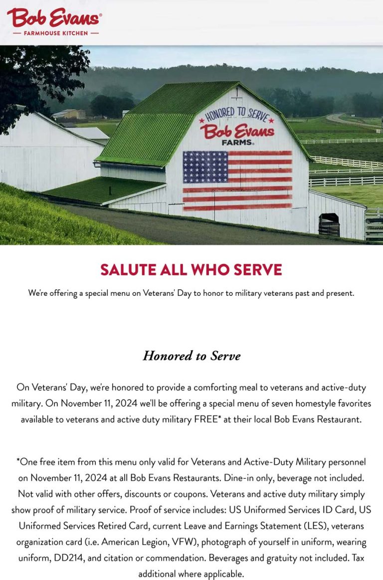Veterans & active duty enjoy a free entree Monday at Bob Evans