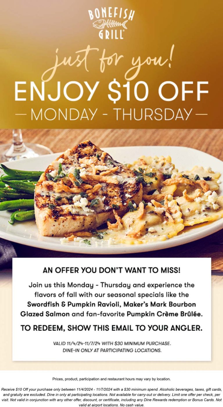 $10 off $30 at Bonefish Grill restaurants