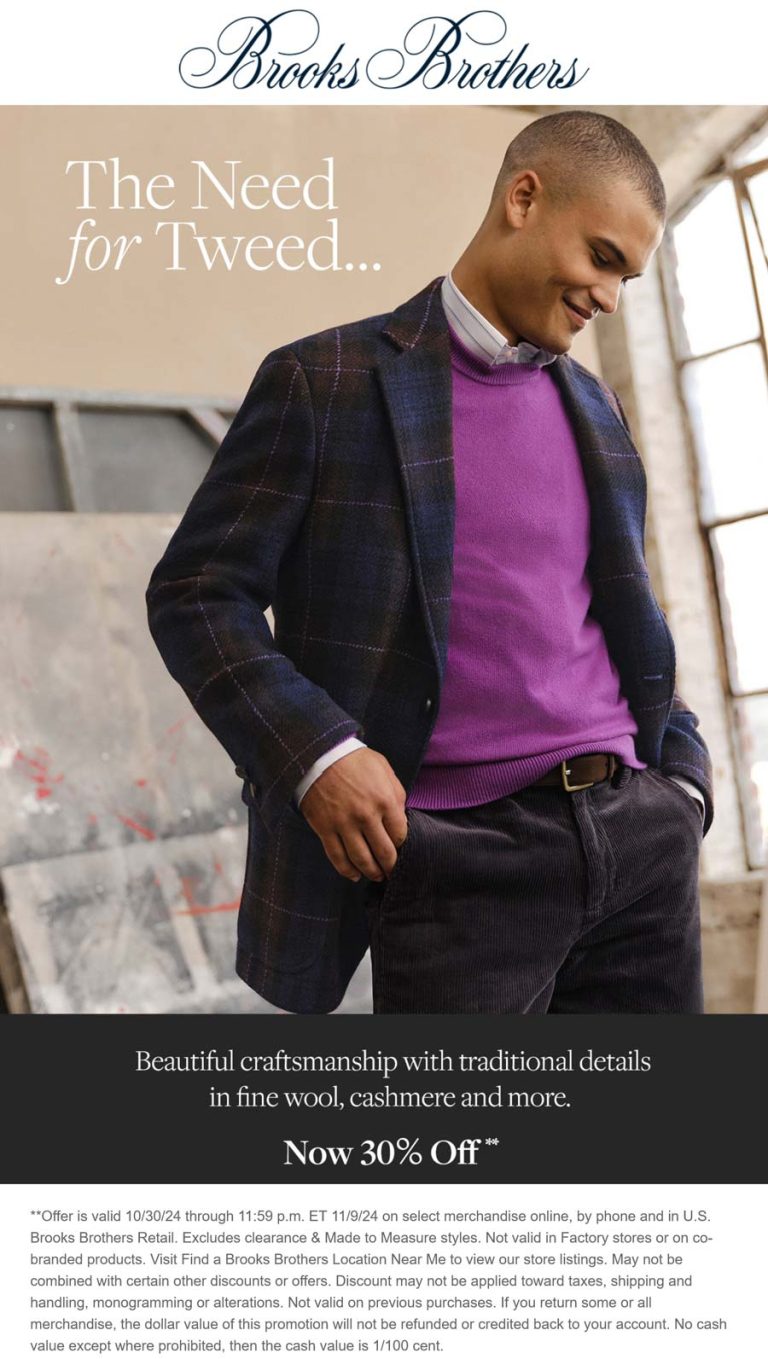 30% off sport coats at Brooks Brothers, ditto online