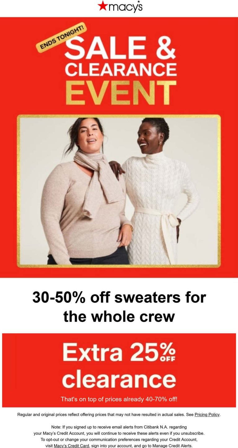 30-50% off sweaters & extra 25% off clearance at Macys