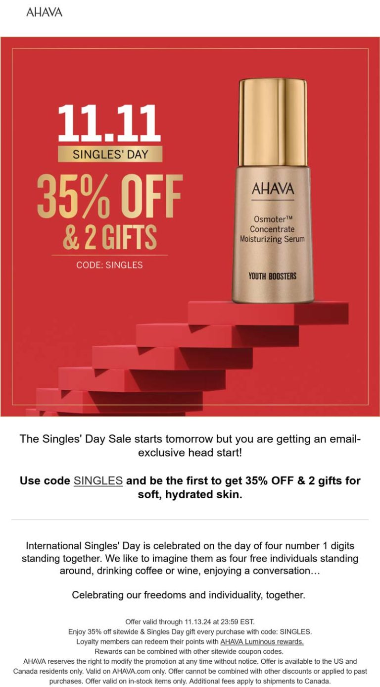 35% off everything + free gift at AHAVA via promo code SINGLES