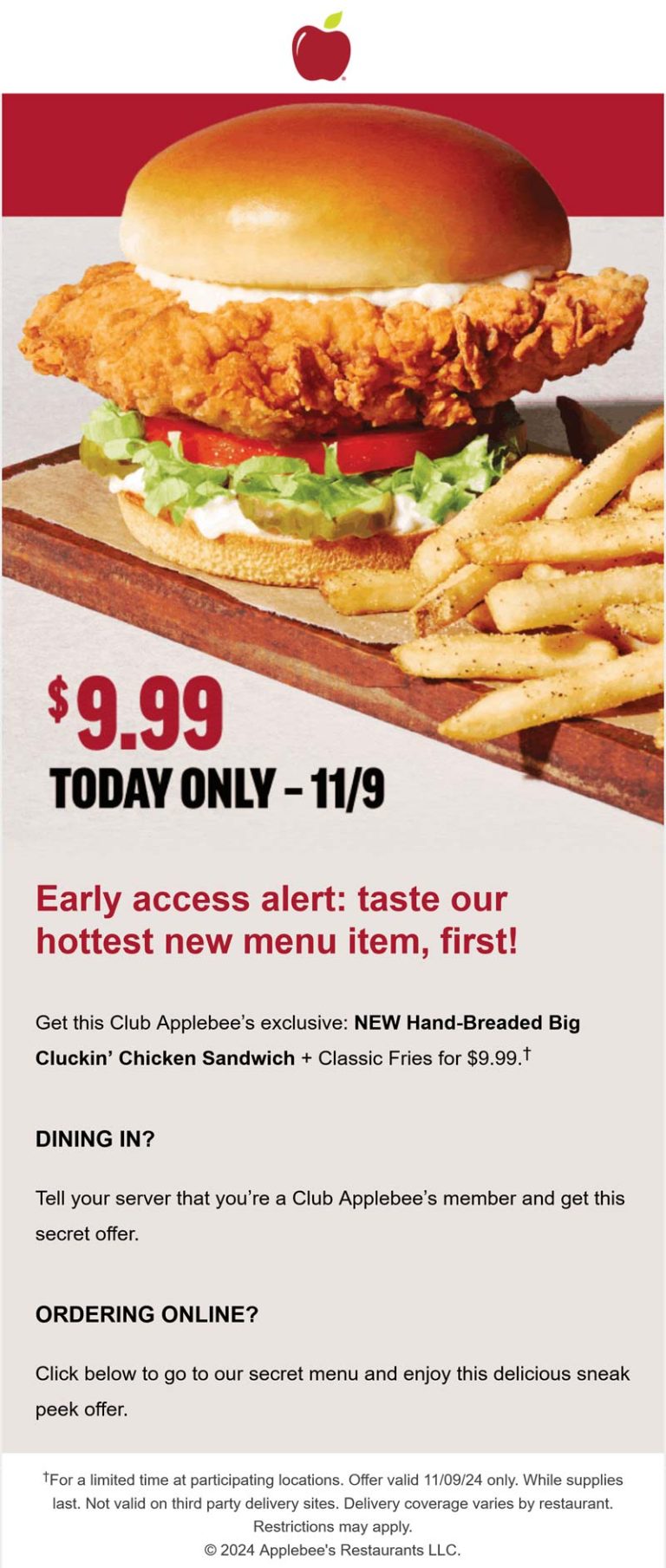 $10 chicken sandwich today at Applebees