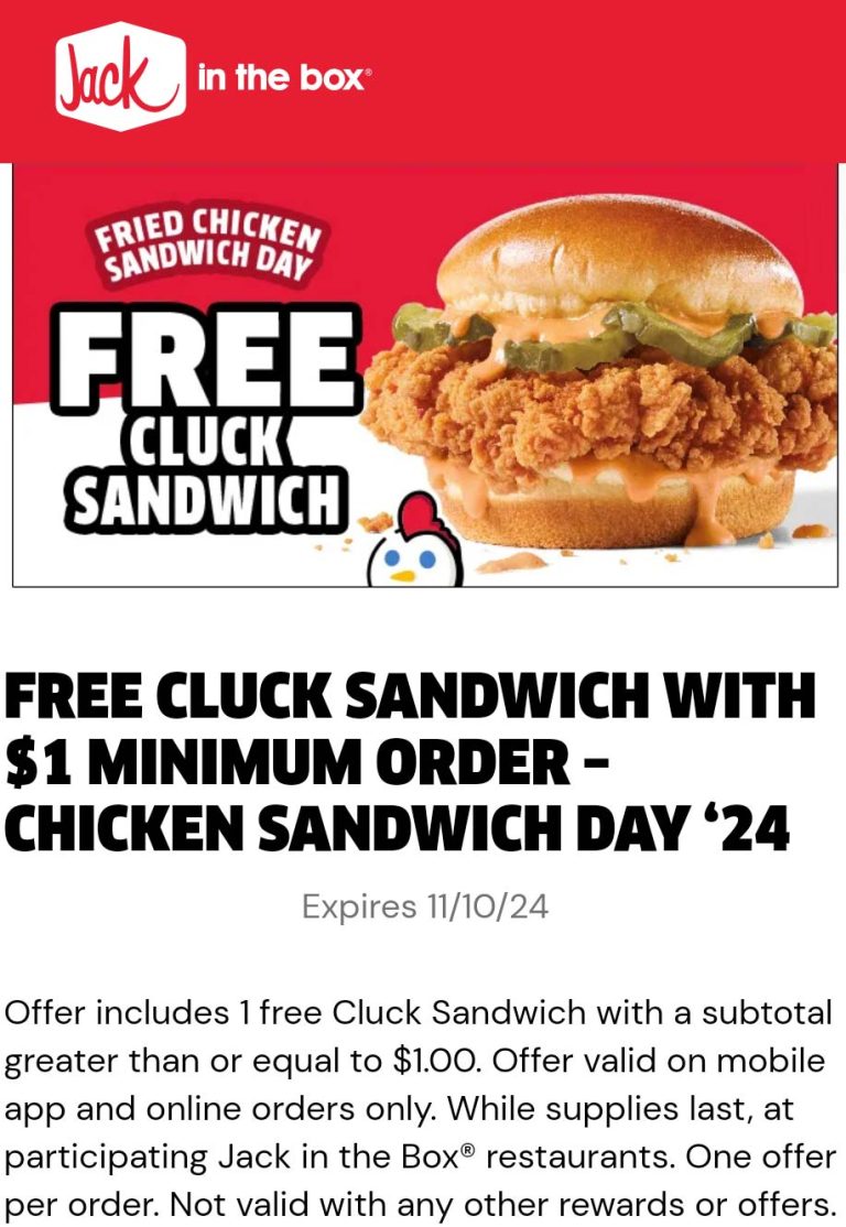 Free chicken sandwich on $1 today via mobile at Jack in the Box