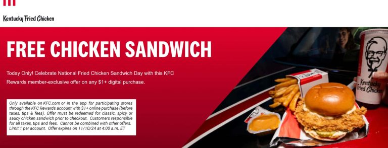 Free chicken sandwich on $1 today at KFC