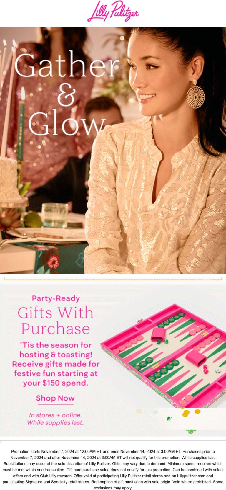 Various gifts on $150+ at Lilly Pulitzer, ditto online