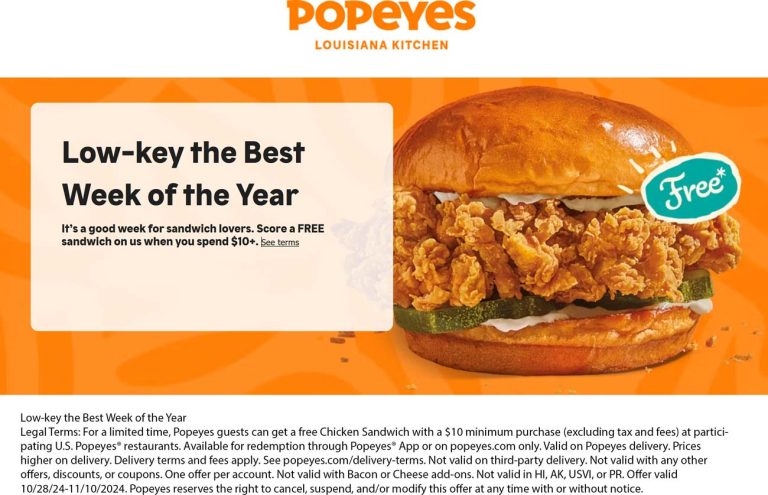 Free chicken sandwich on $10 at Popeyes