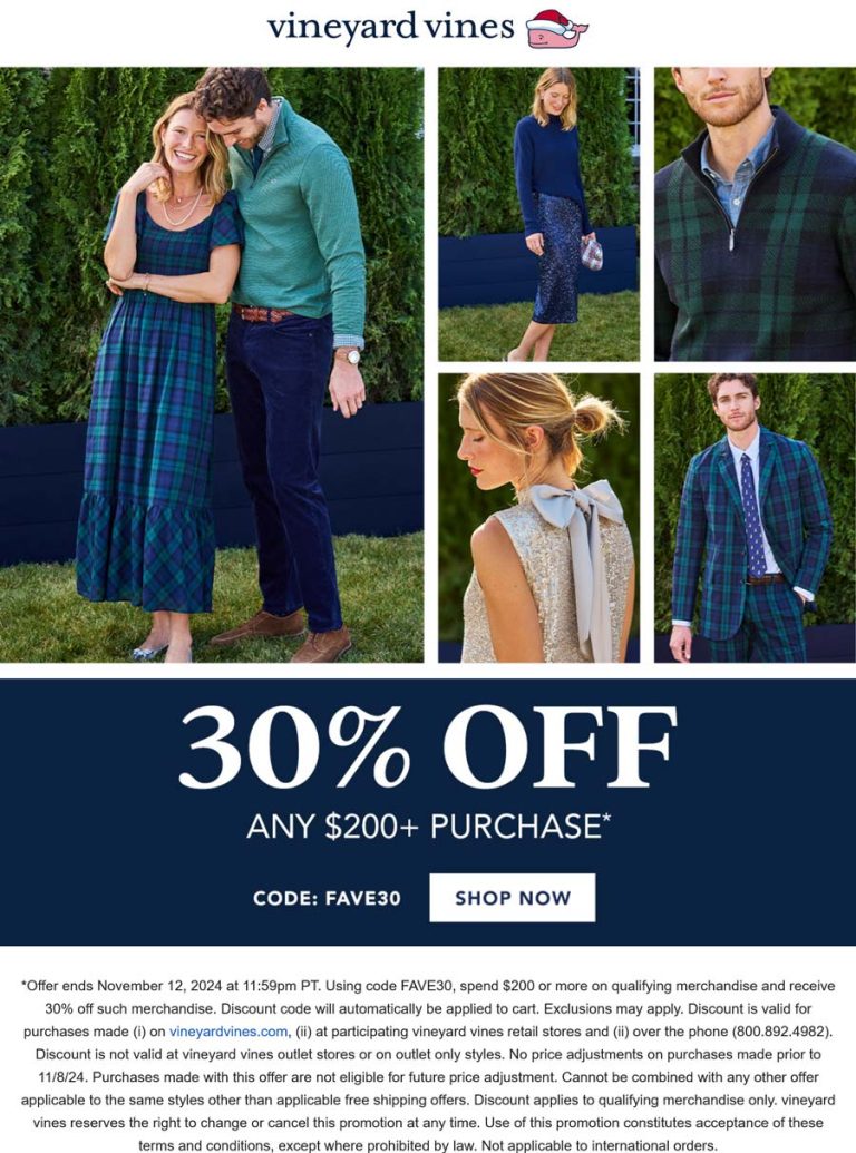 30% off $200 at Vineyard Vines via promo code FAVE30