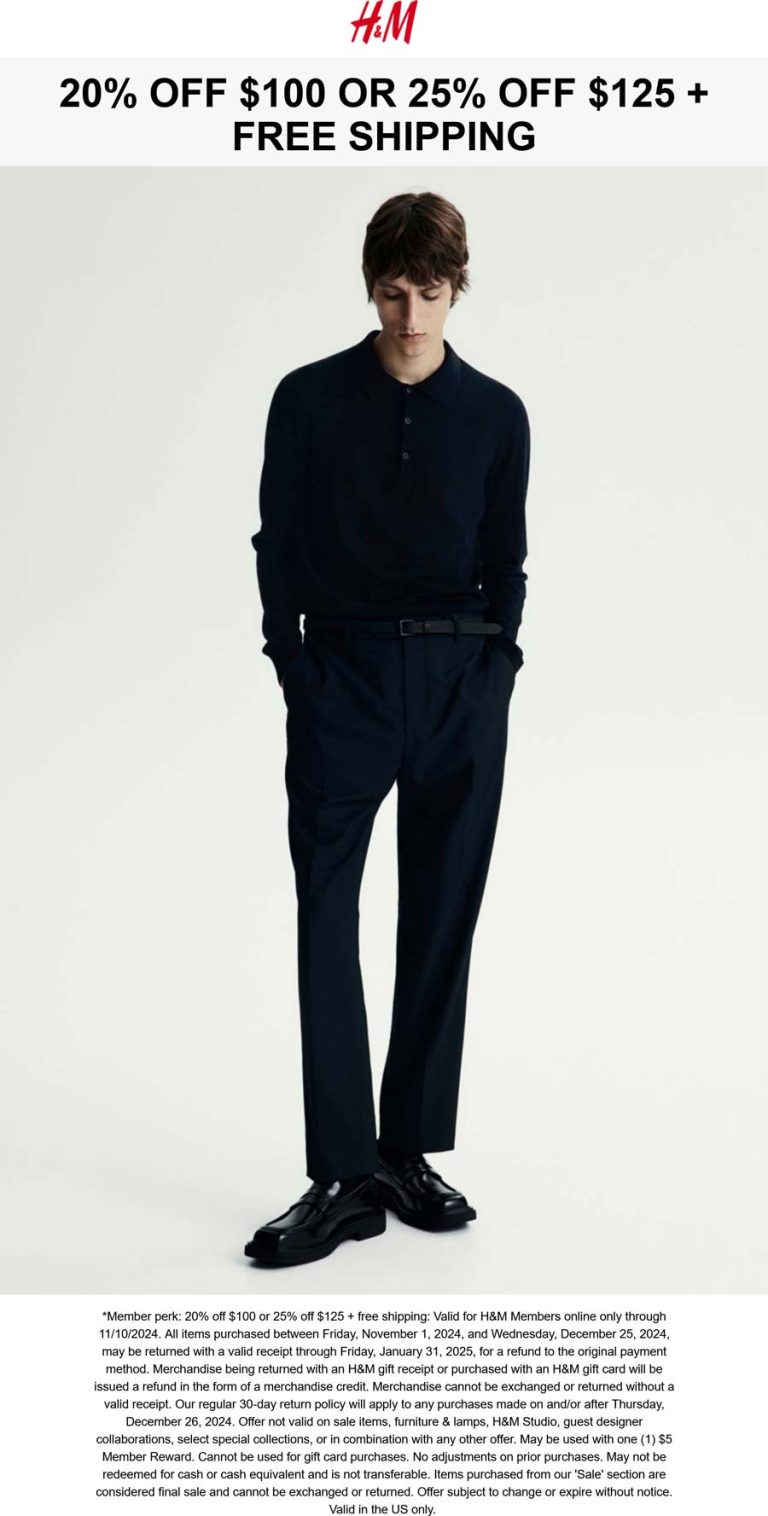 H&M coupon: 20-25% off $100+ today at H&M