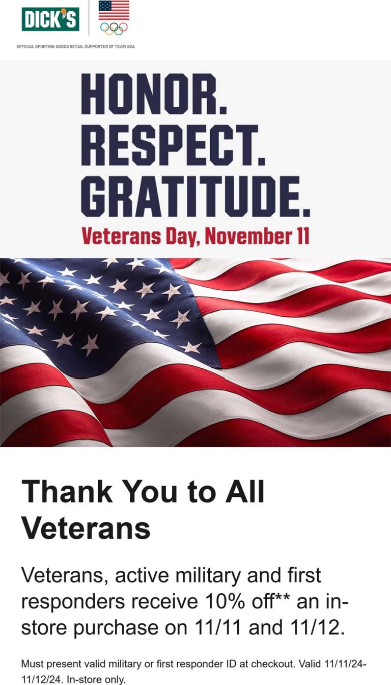 Veterans & active score 10% off at Dicks sporting goods