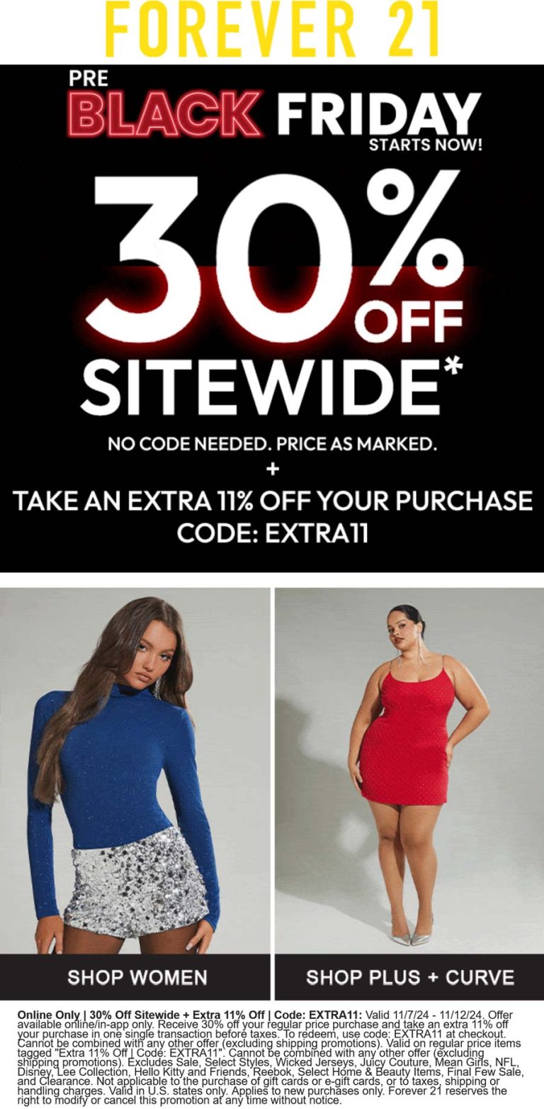 41% off everything at Forever 21 via promo code EXTRA11