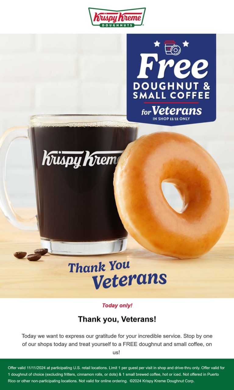Free coffee & doughnut for veterans today at Krispy Kreme