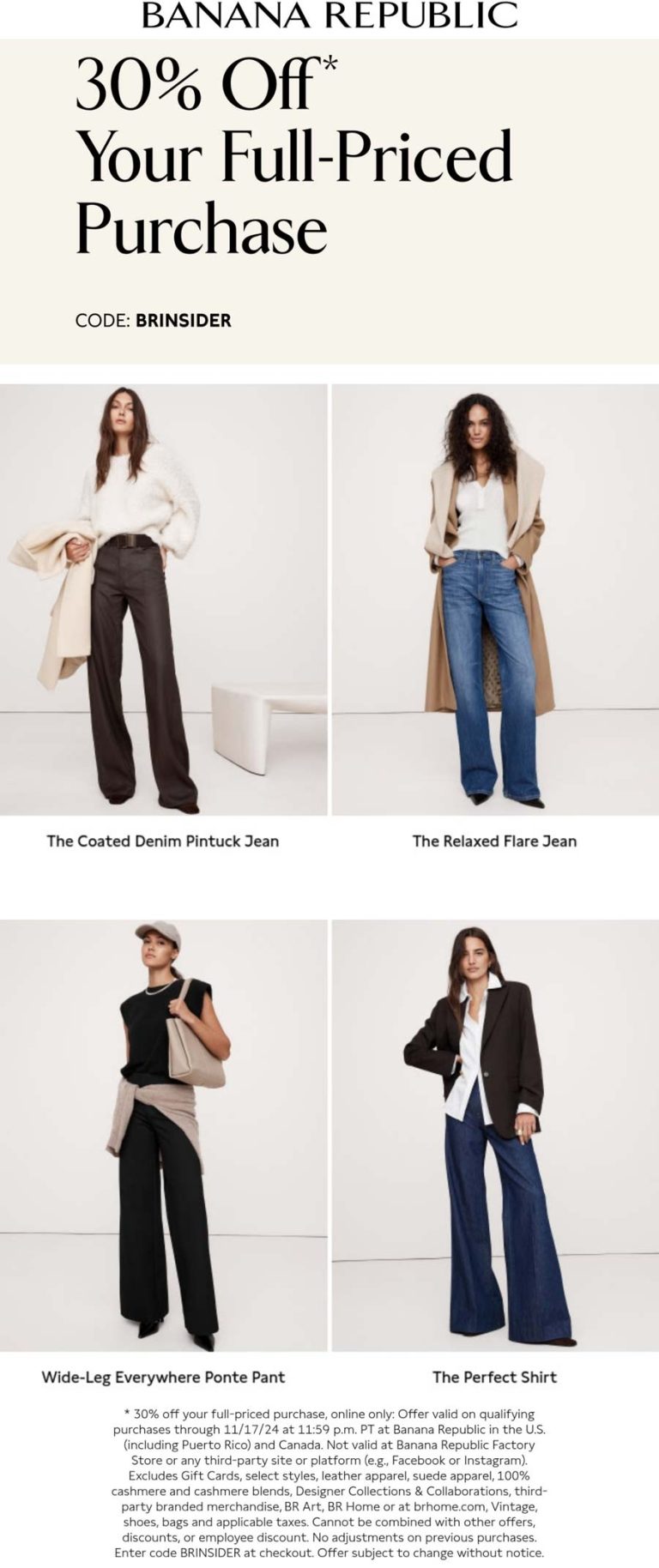 30% off at Banana Republic via promo code BRINSIDER