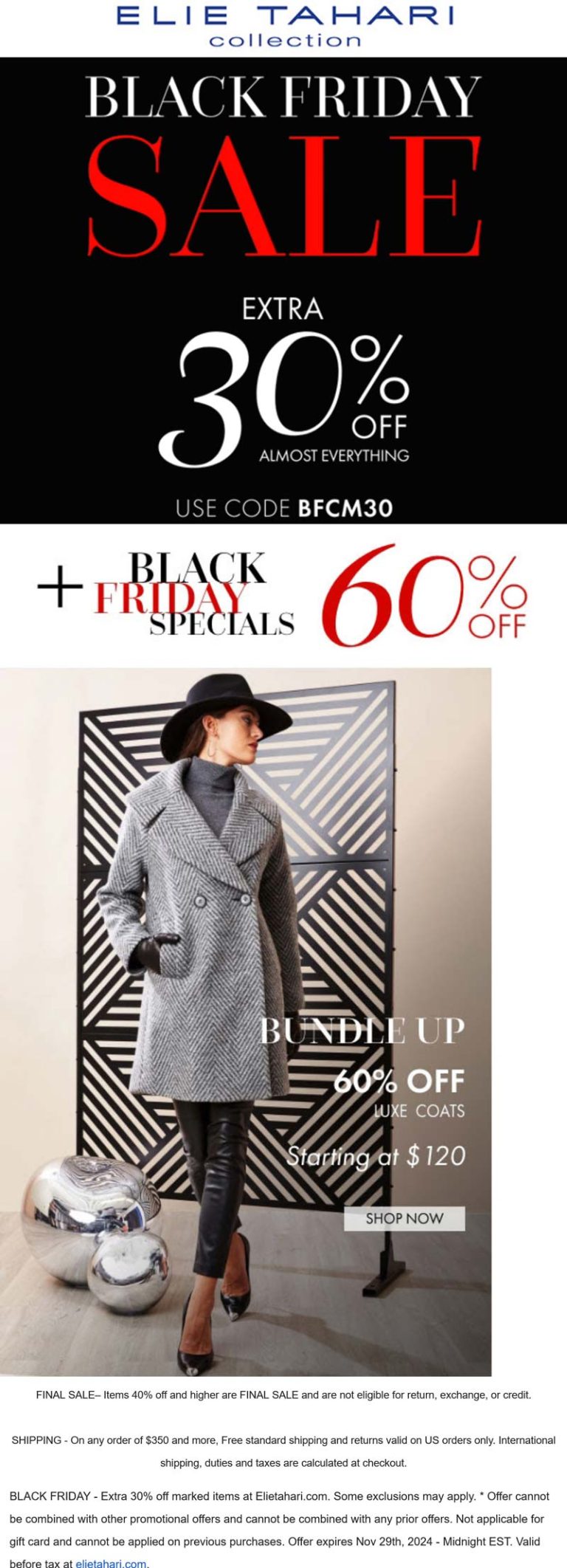 Extra 30% off everything at Elie Tahari via promo code BFCM30