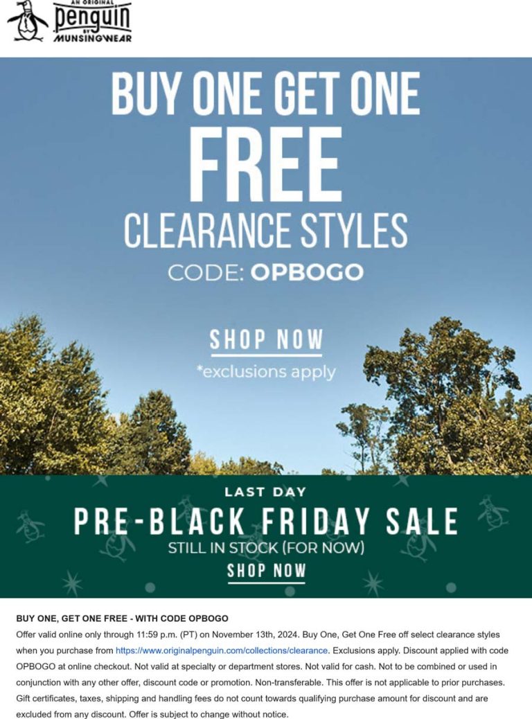 Second clearance style free today at Original Penguin via promo code OPBOGO