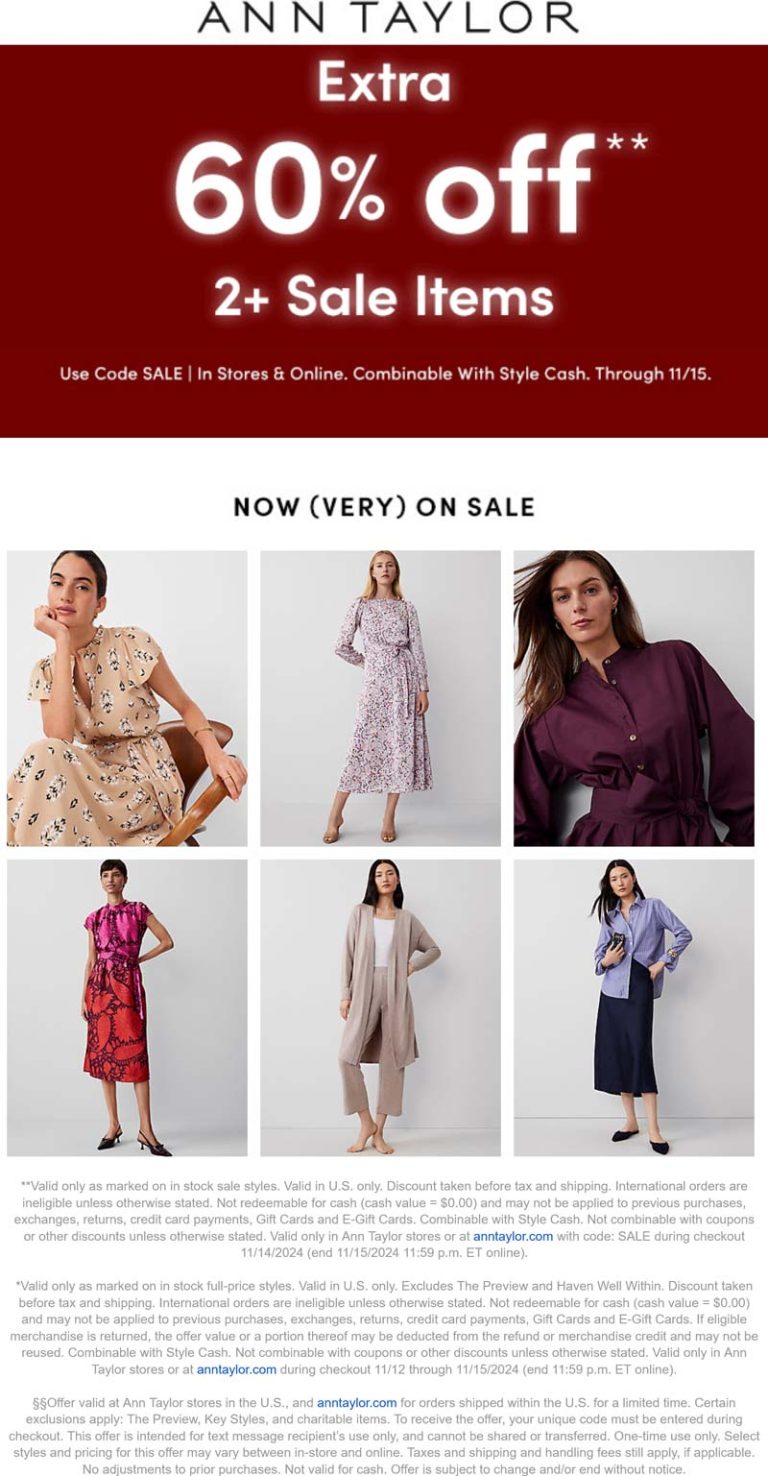 Extra 60% off 2+ sale items at Ann Taylor, ditto online