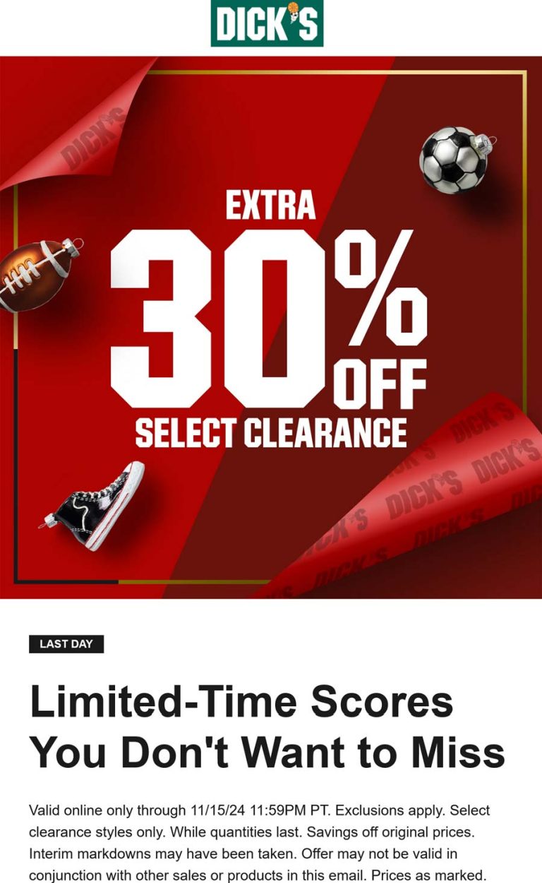 Extra 30% off various clearance today at Dicks sporting goods