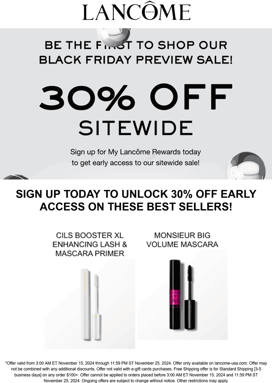 30% off everything logged in at Lancome cosmetics #lancome