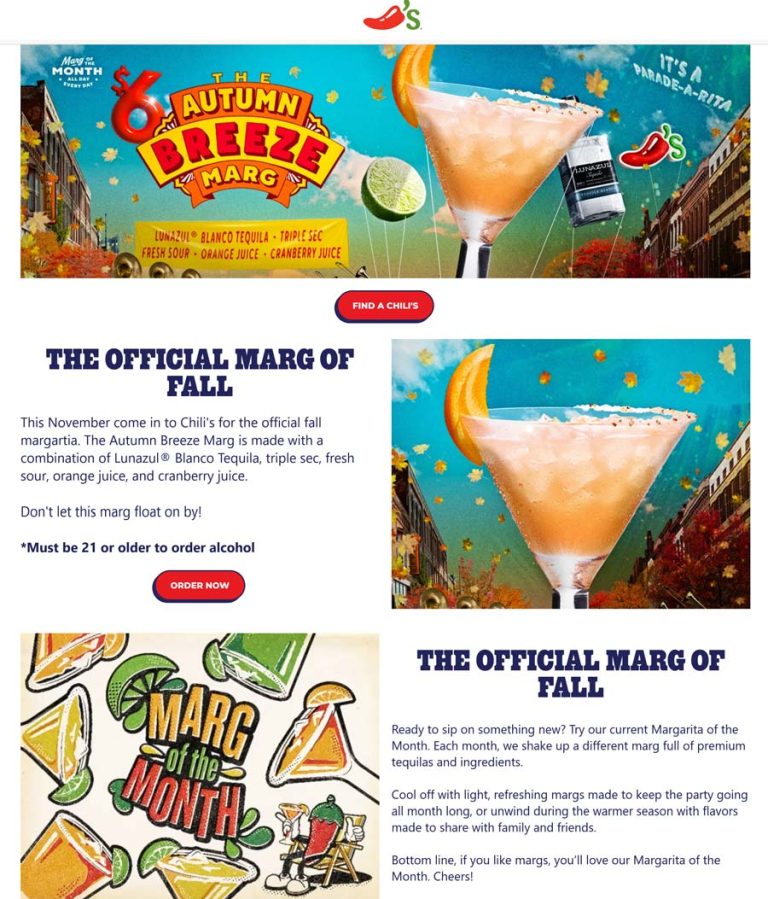 $6 Autumn breeze margarita this month at Chilis restaurants