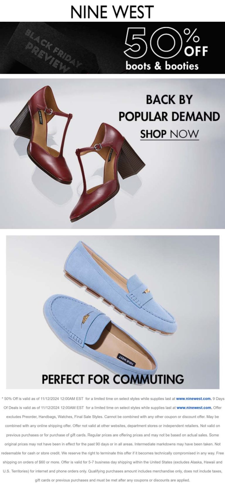50% off boots & booties at Nine West + $15 off full price item via promo NINE15