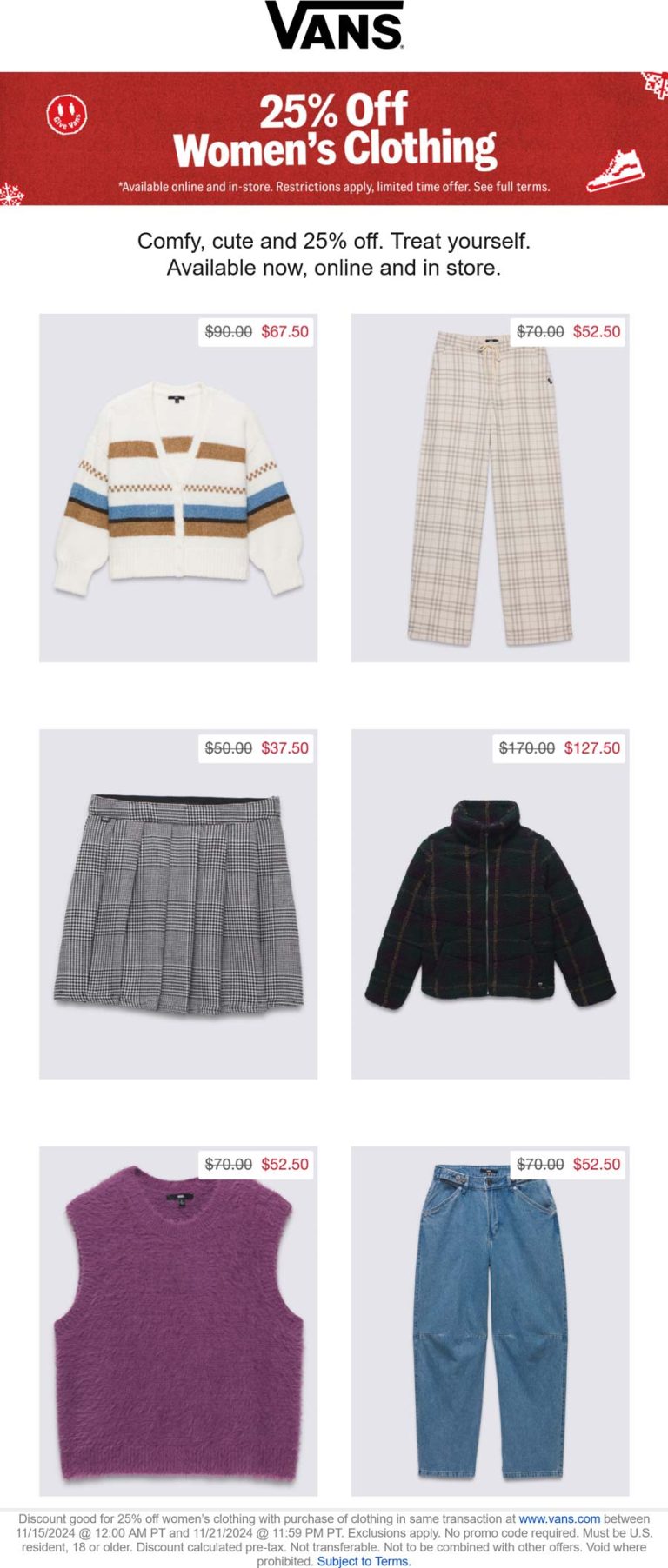 25% off womens clothing at Vans, ditto online