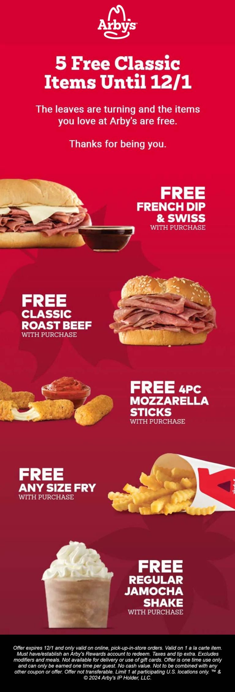 5 free items via login at Arbys restaurants