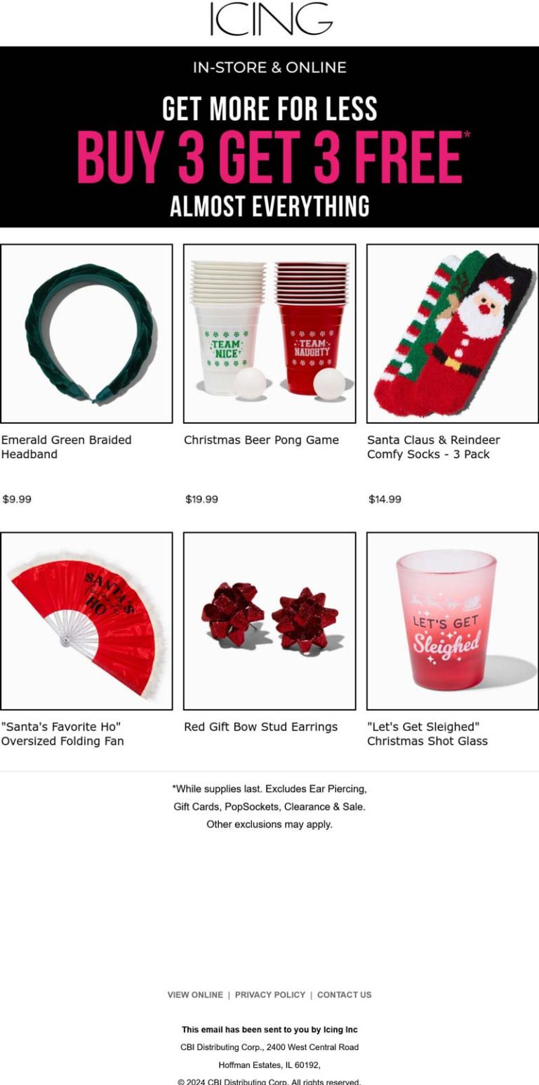 6-for-3 on everything at Icing, ditto online