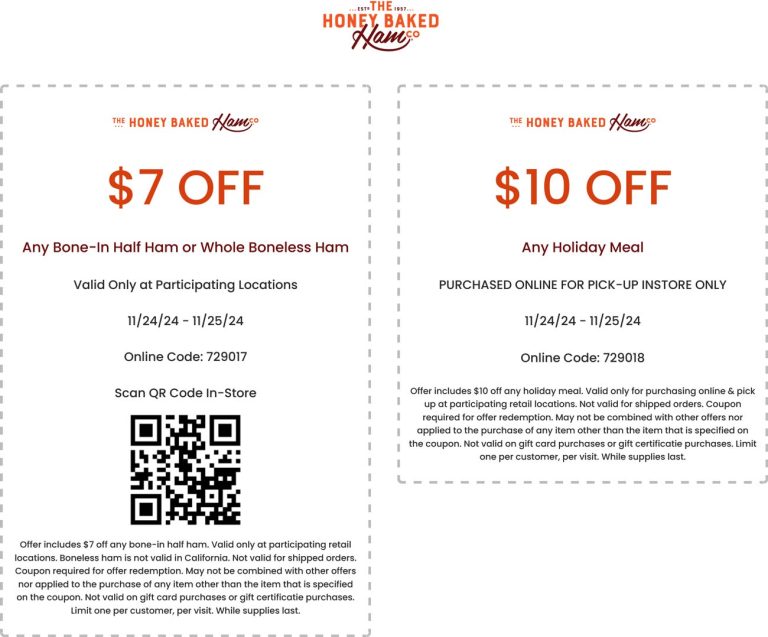 $7-$10 off ham and meals at Honeybaked, or online via promo code 729017