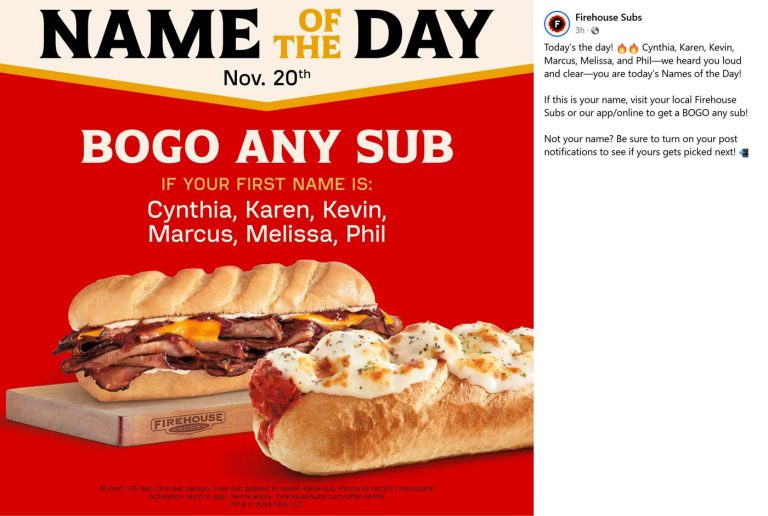 Second sub sandwich free for various names today at Firehouse Subs