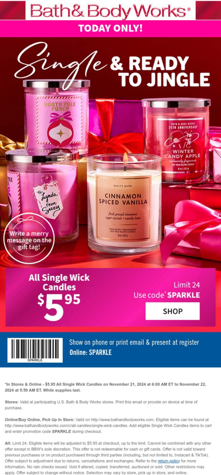 Bath & Body Works coupon: $6 single wick candles at Bath & Body Works, or online via promo code SPARKLE