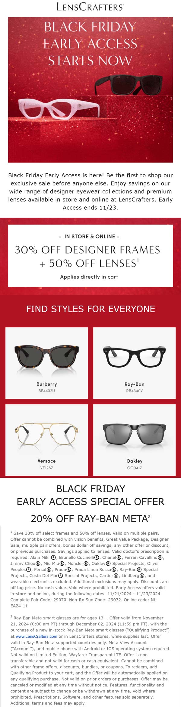 30% off designer frames & 50% off lenses at Lenscrafters, ditto online #lenscrafters