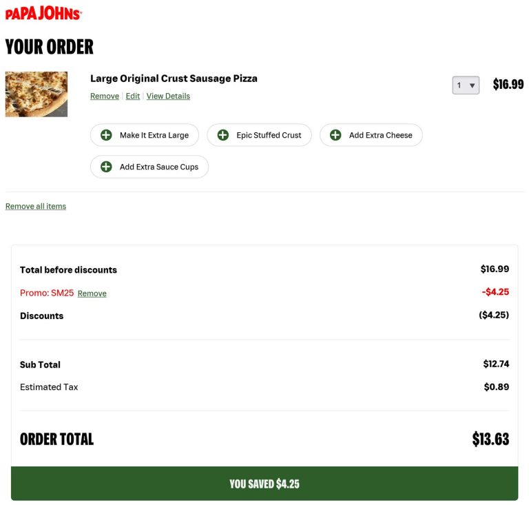 25% off at Papa Johns pizza via promo code SM25
