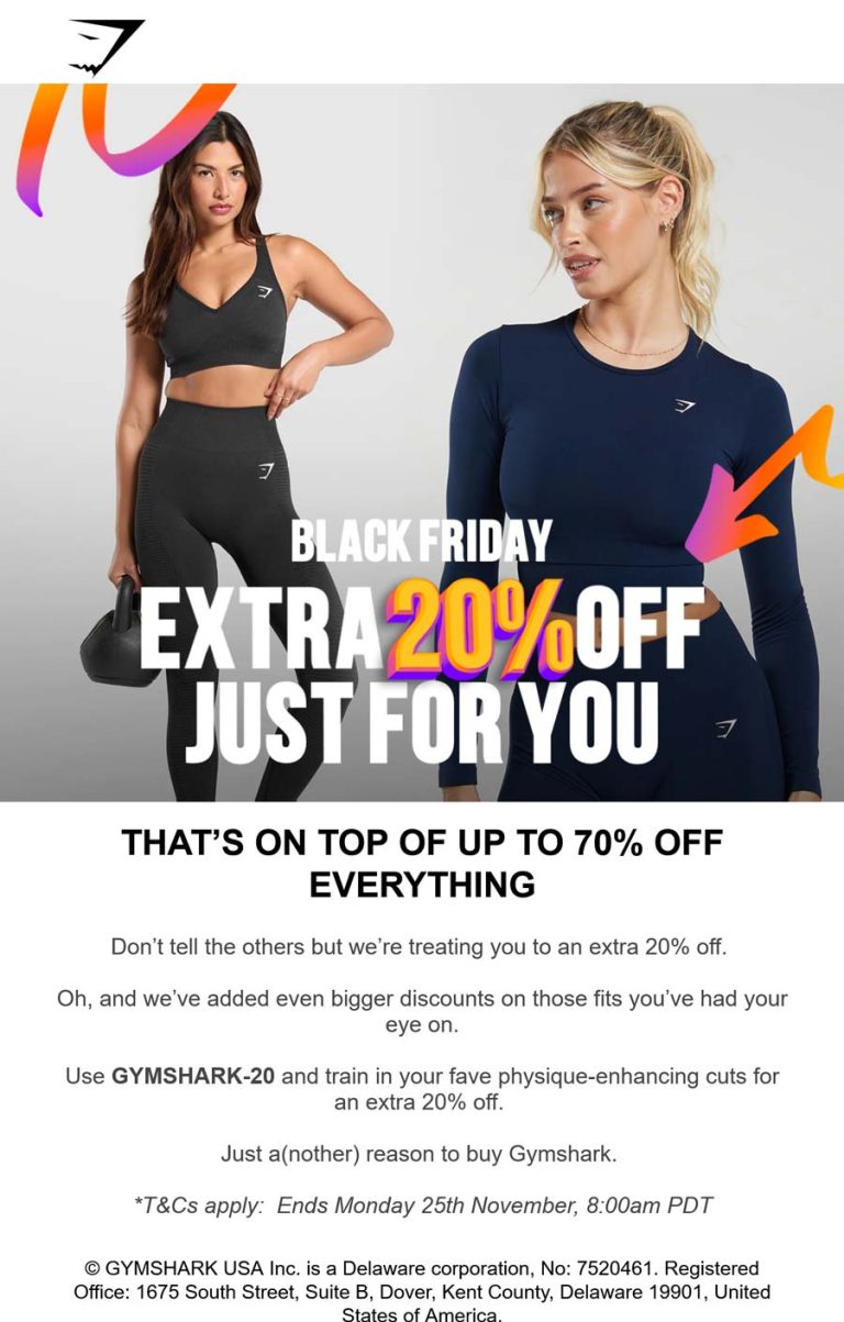 Extra 20% off at Gymshark via promo code GYMSHARK-20