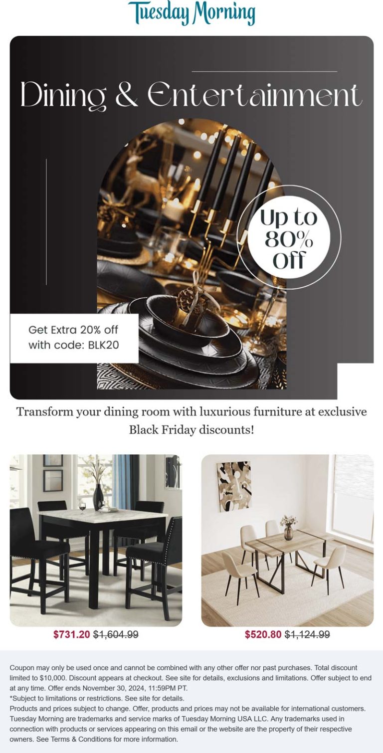 Extra 20% off at Tuesday Morning via promo code BLK20