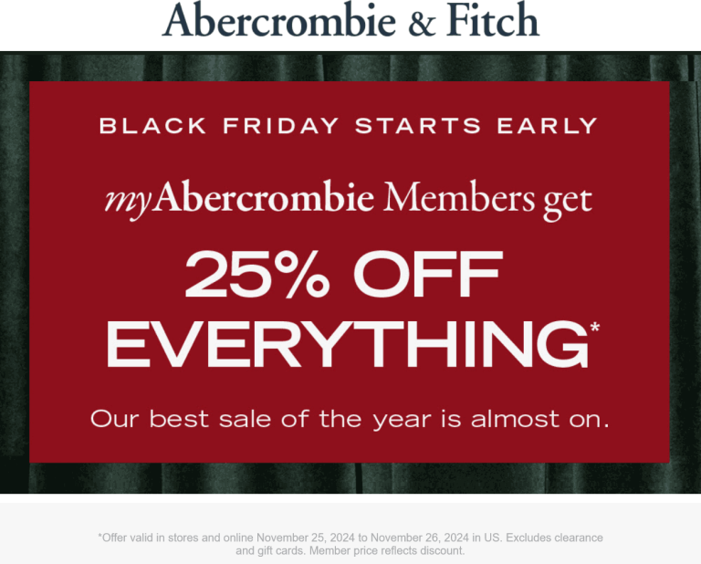 Abercrombie & Fitch coupon: 25% off everything at Abercrombie & Fitch, ditto online