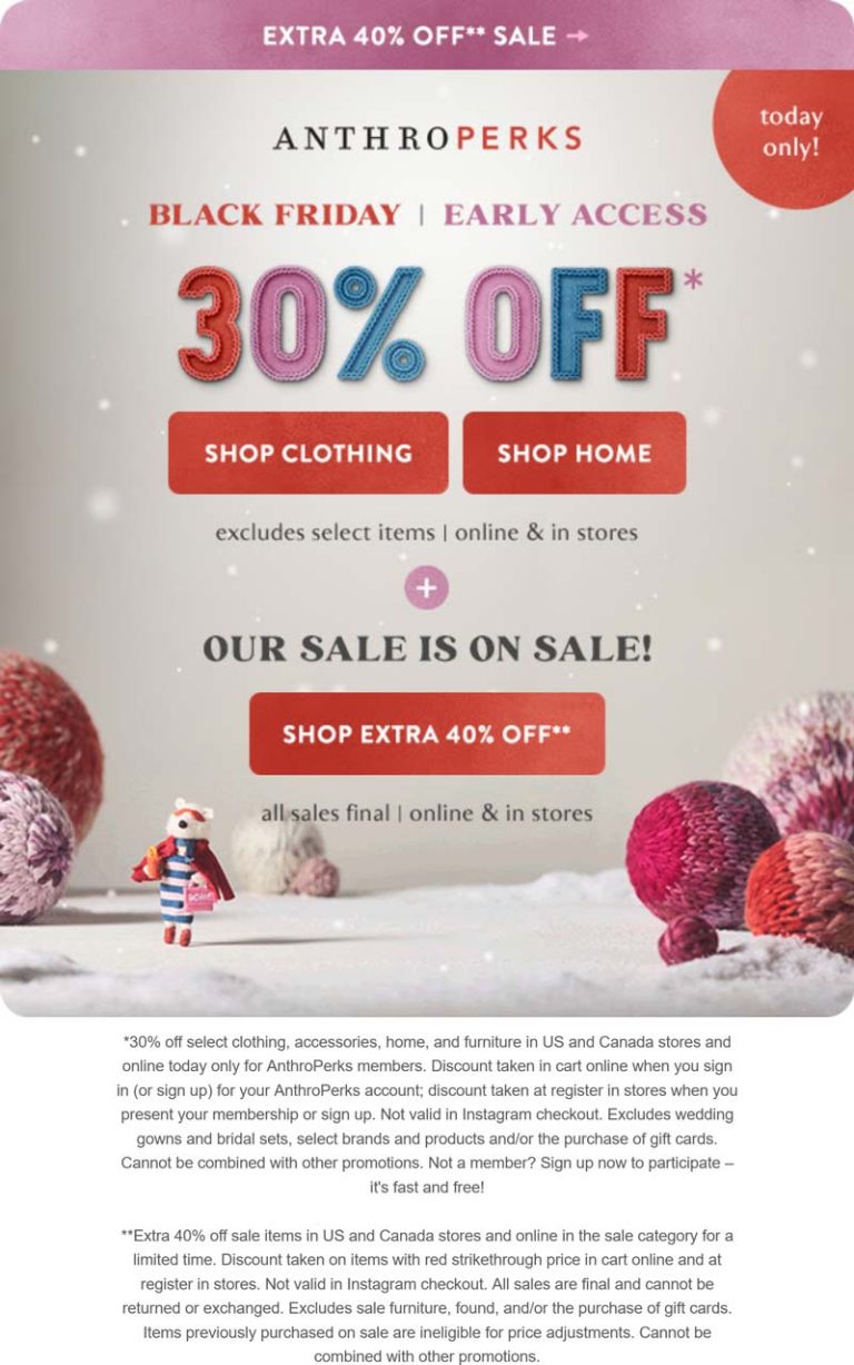 30% off today at Anthropologie, ditto online