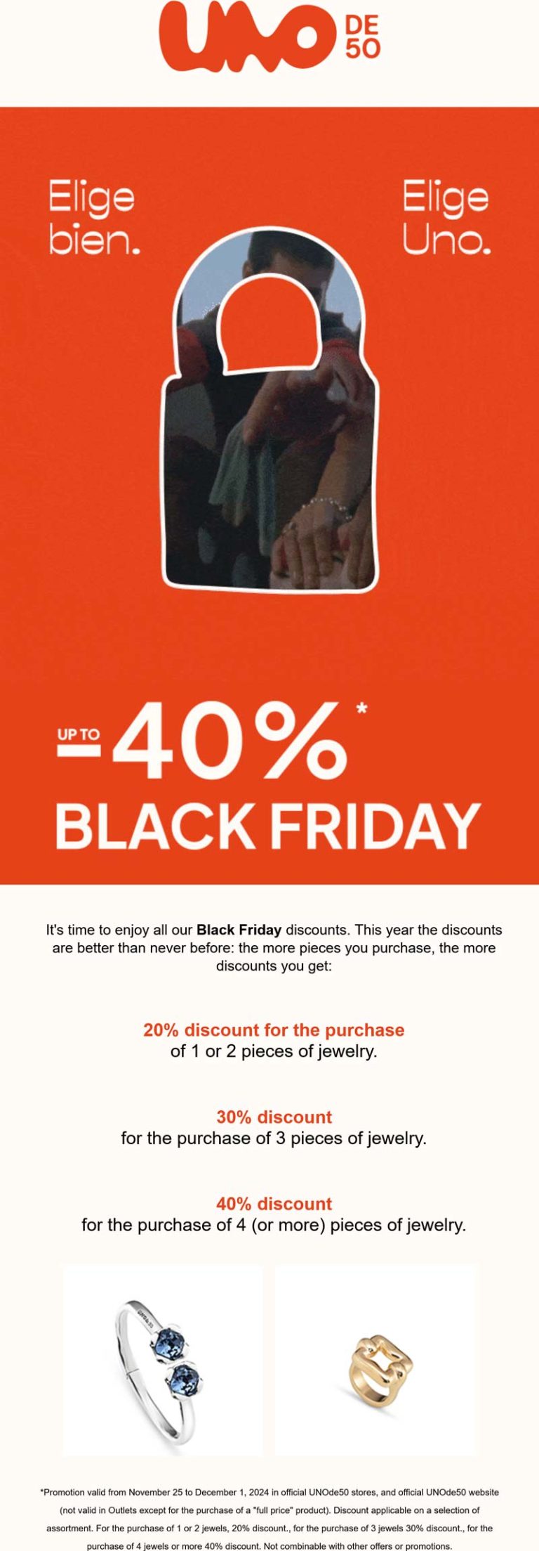 20-40% off at UNOde50, ditto online