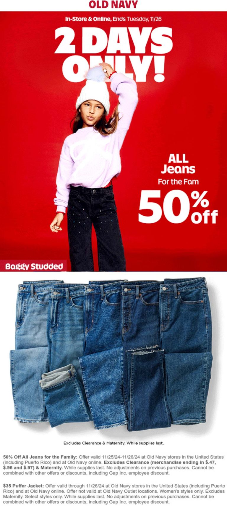 50% off all jeans today at Old Navy, ditto online