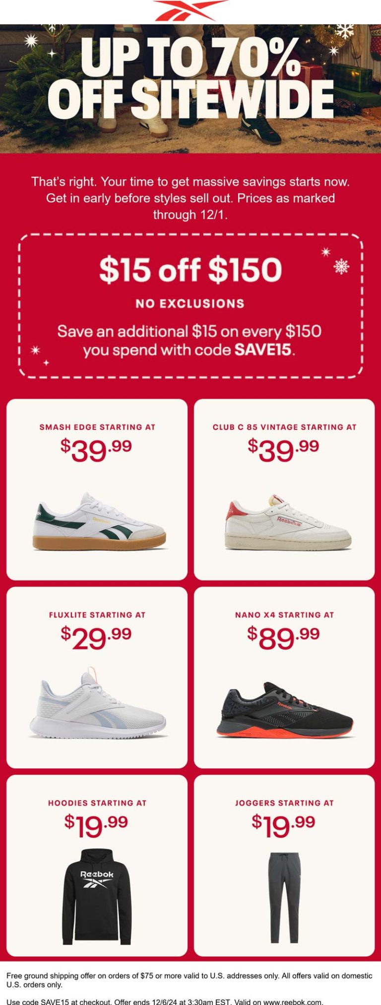 $15 off every $150 & more at Reebok via promo code SAVE15