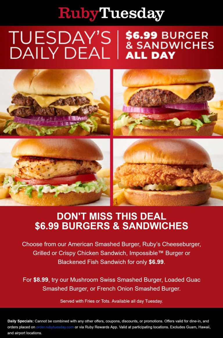 $7 burgers & sandwiches + fries today at Ruby Tuesday