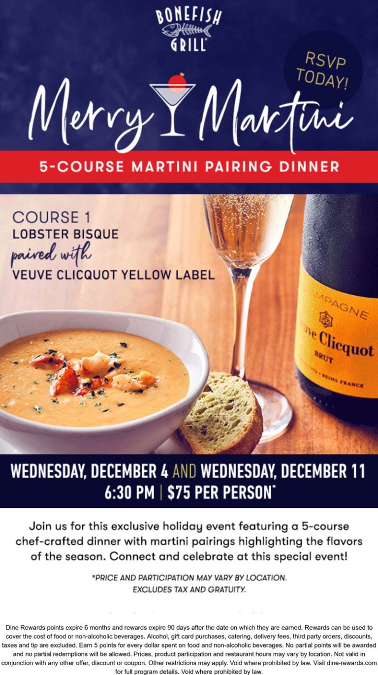 5-course martini pairing dinner = $75 at Bonefish Grill