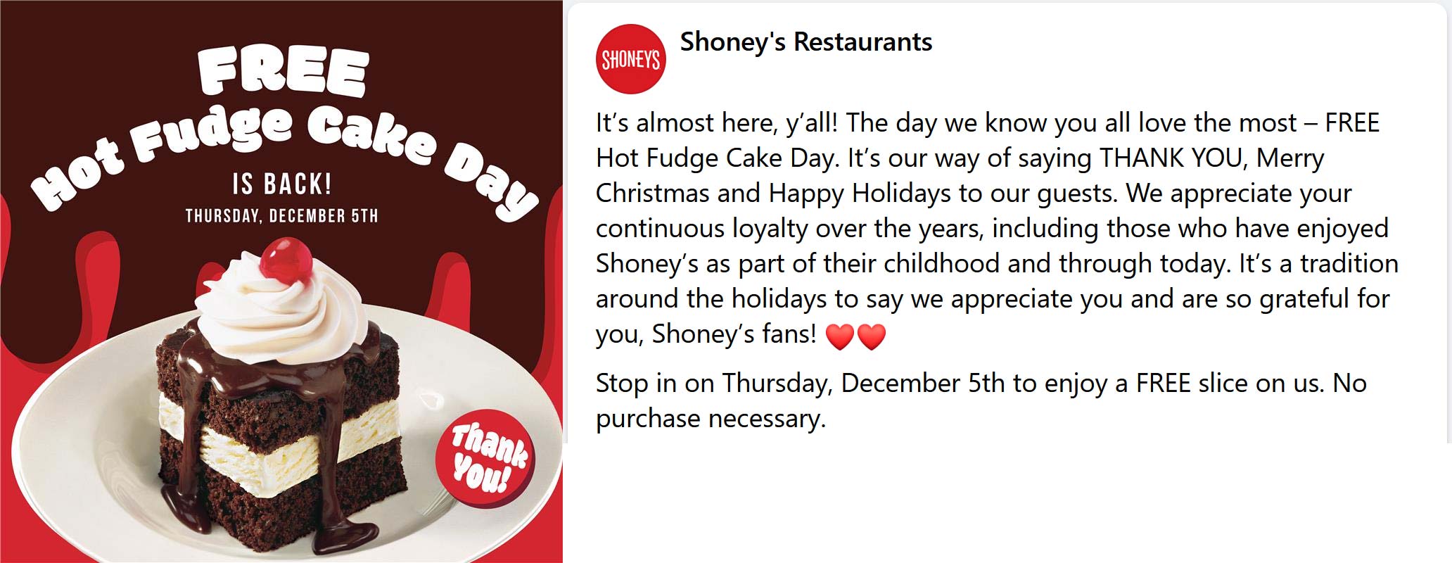 Free hot fudge cake Thursday at Shoneys restaurants, no purchase necessary #shoneys