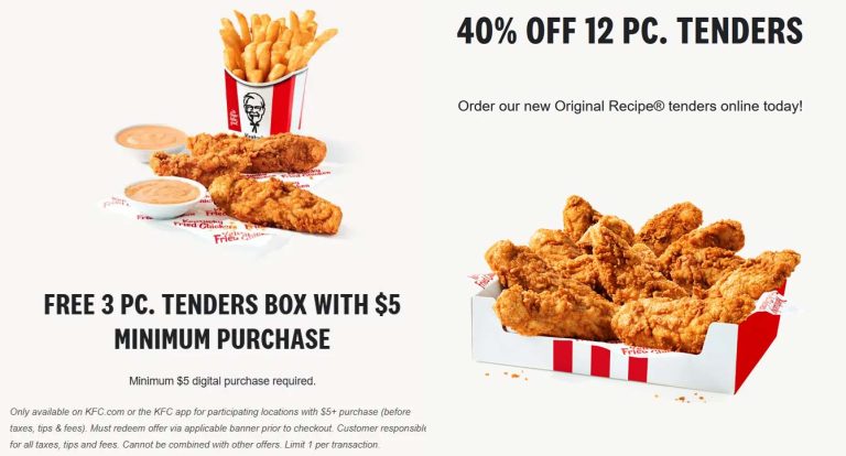 Free 3pc chicken tenders on $5 & more at KFC via promo code KFCTENDERS