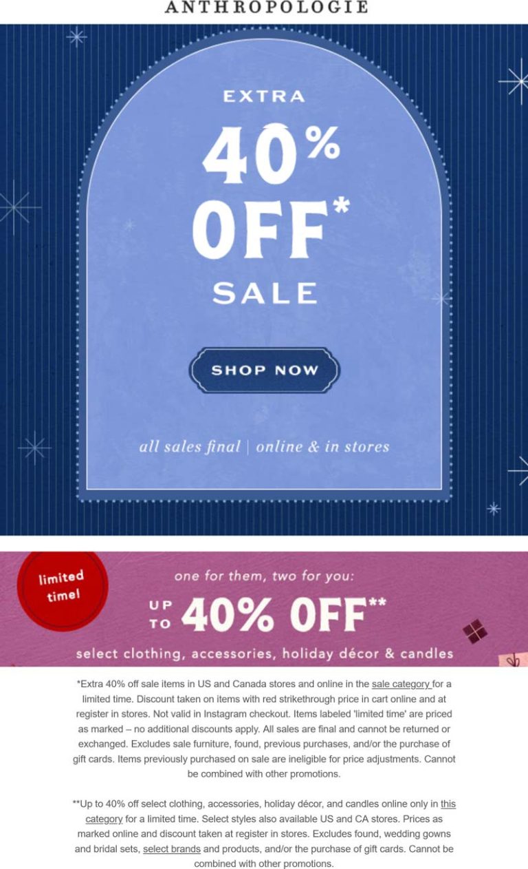 Extra 40% off sale items at Anthropologie, ditto online