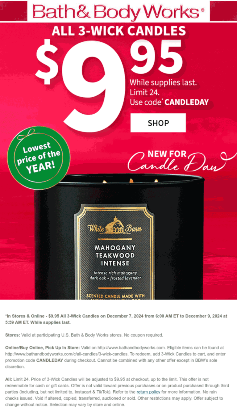 Bath & Body Works coupon: $10 3-wick candles today at Bath & Body Works, or online via promo code CANDLEDAY