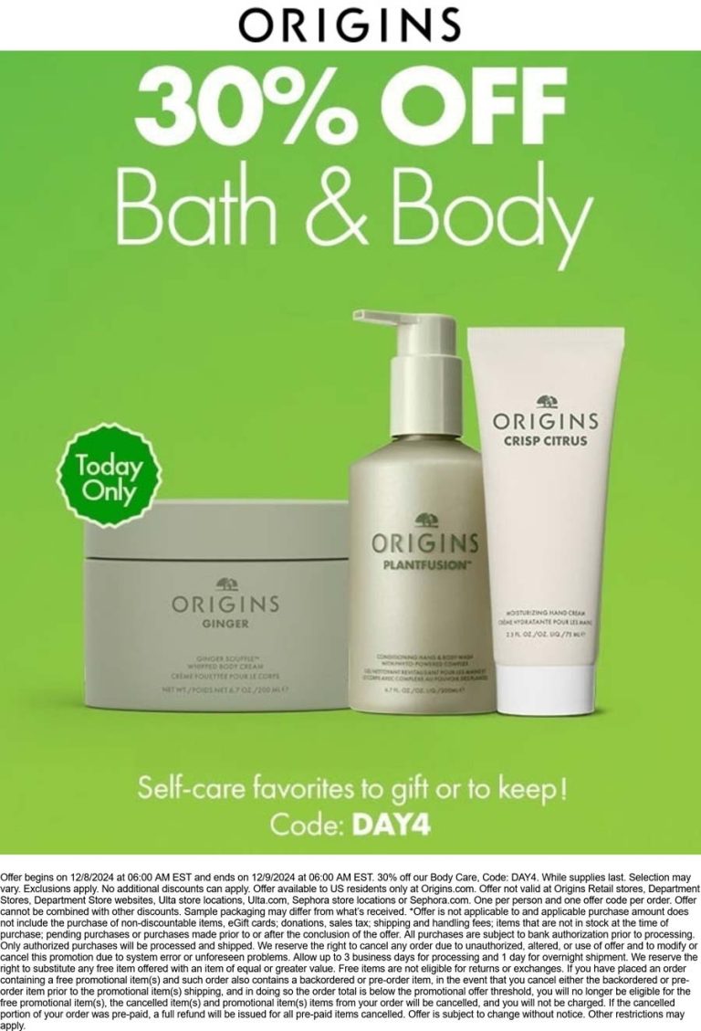 30% off spa today at Origins via promo code DAY4