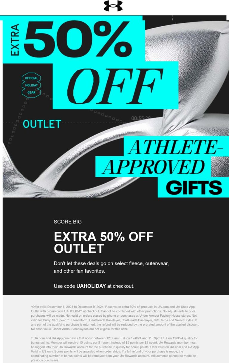 Extra 50% off outlet at Under Armour via promo code UAHOLIDAY